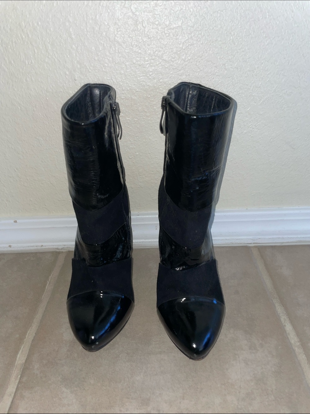 Black Patent and Suede Pointed-Toe Mid-Calf Heeled Boots